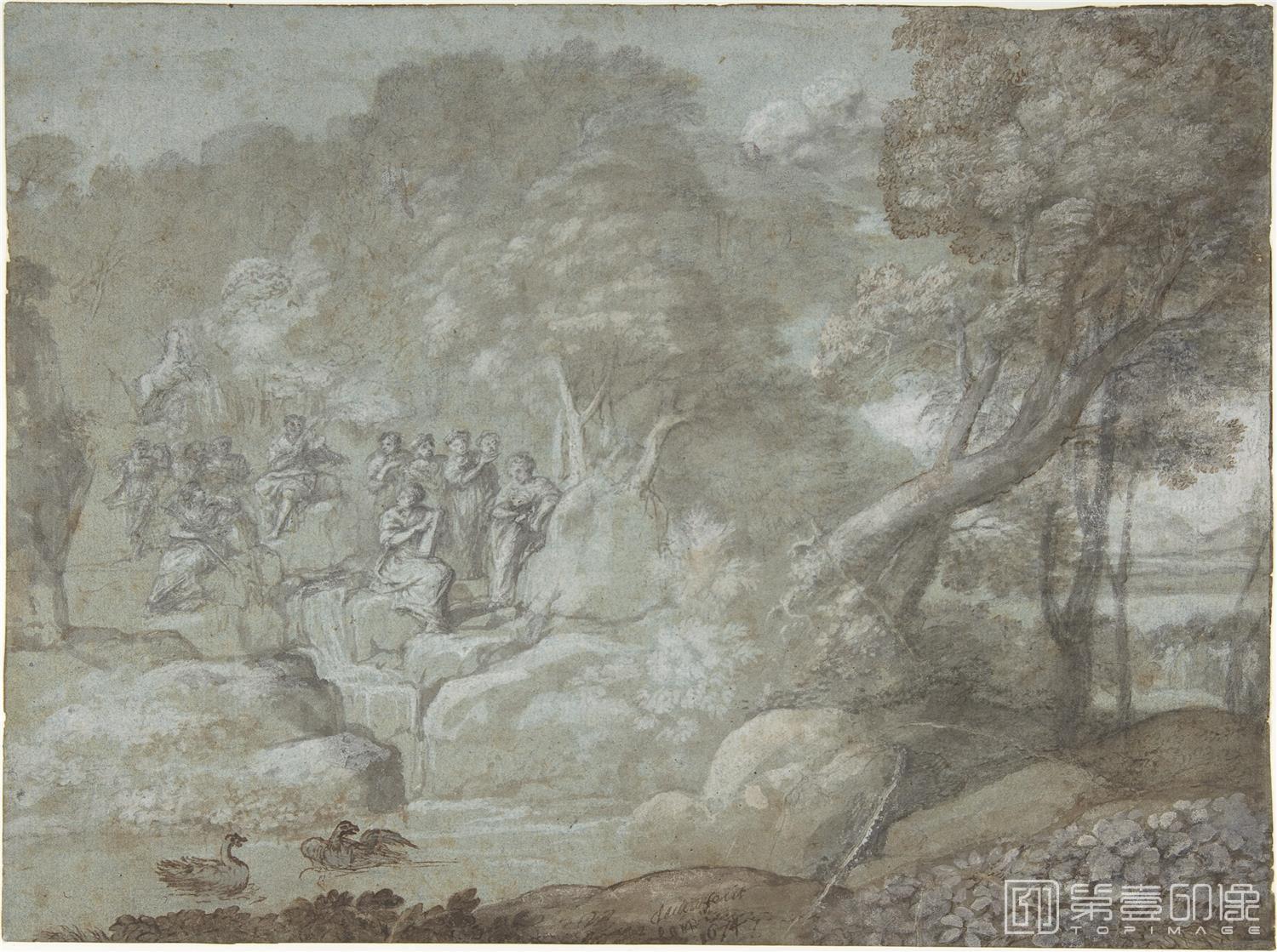 素描-美国纽约大都会美术馆素描藏画-Claude LorrainLandscape with Apollo and the Muses-0482